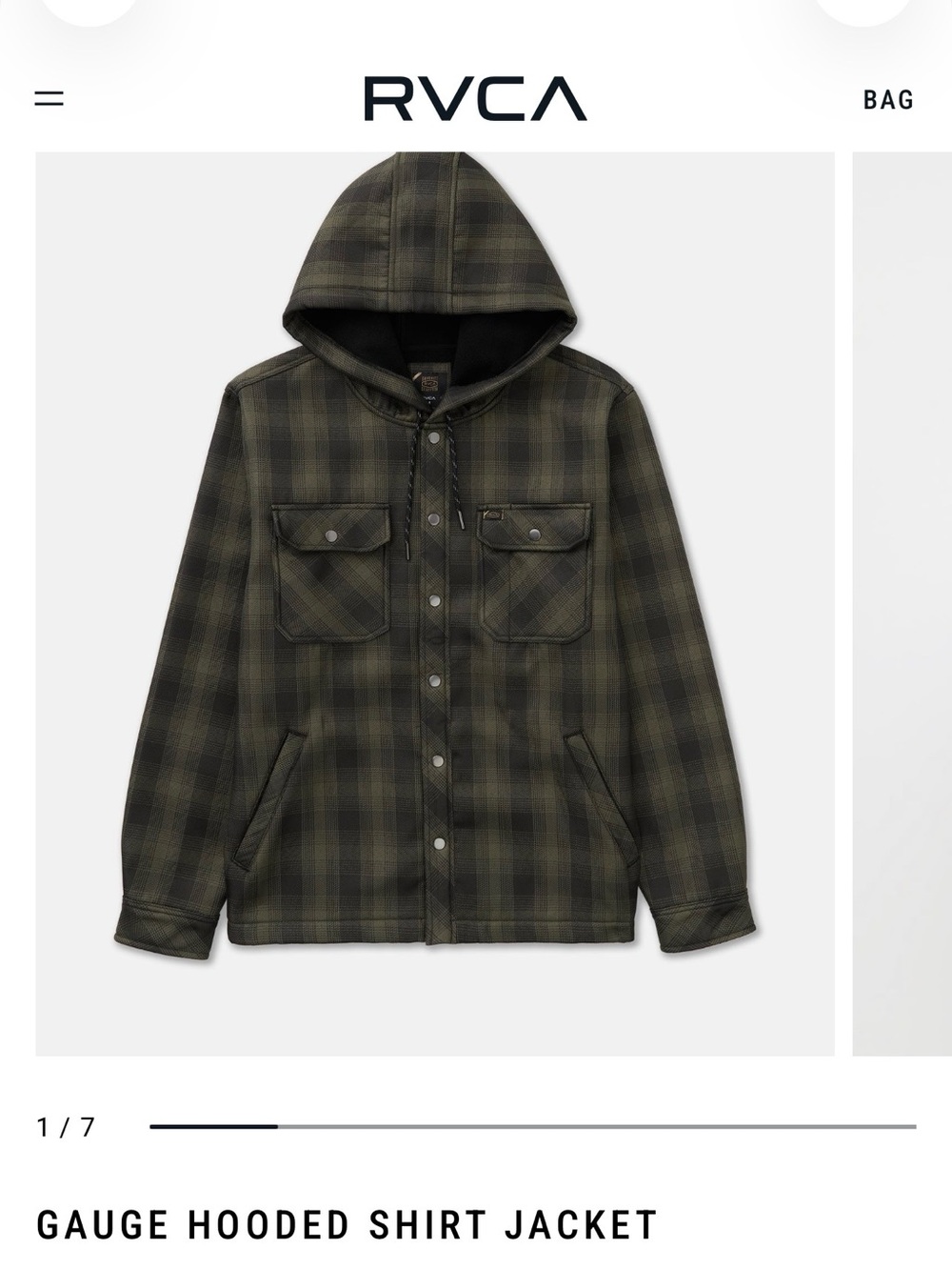 RVCA Olive Plaid Hooded Shirt Jacket